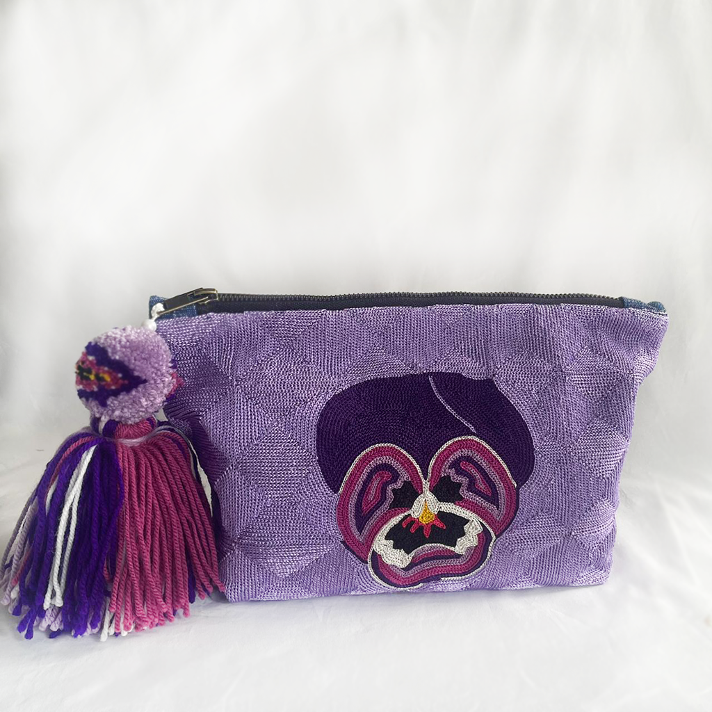 Lavender Pansy Hand-Embroidered RC Bag | Handmade Artisan Pouch