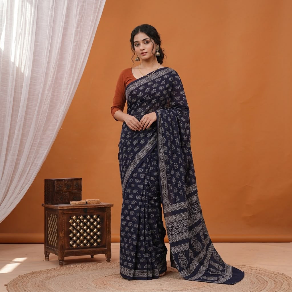 Deep Brown Fish Ajrak Serenity Saree