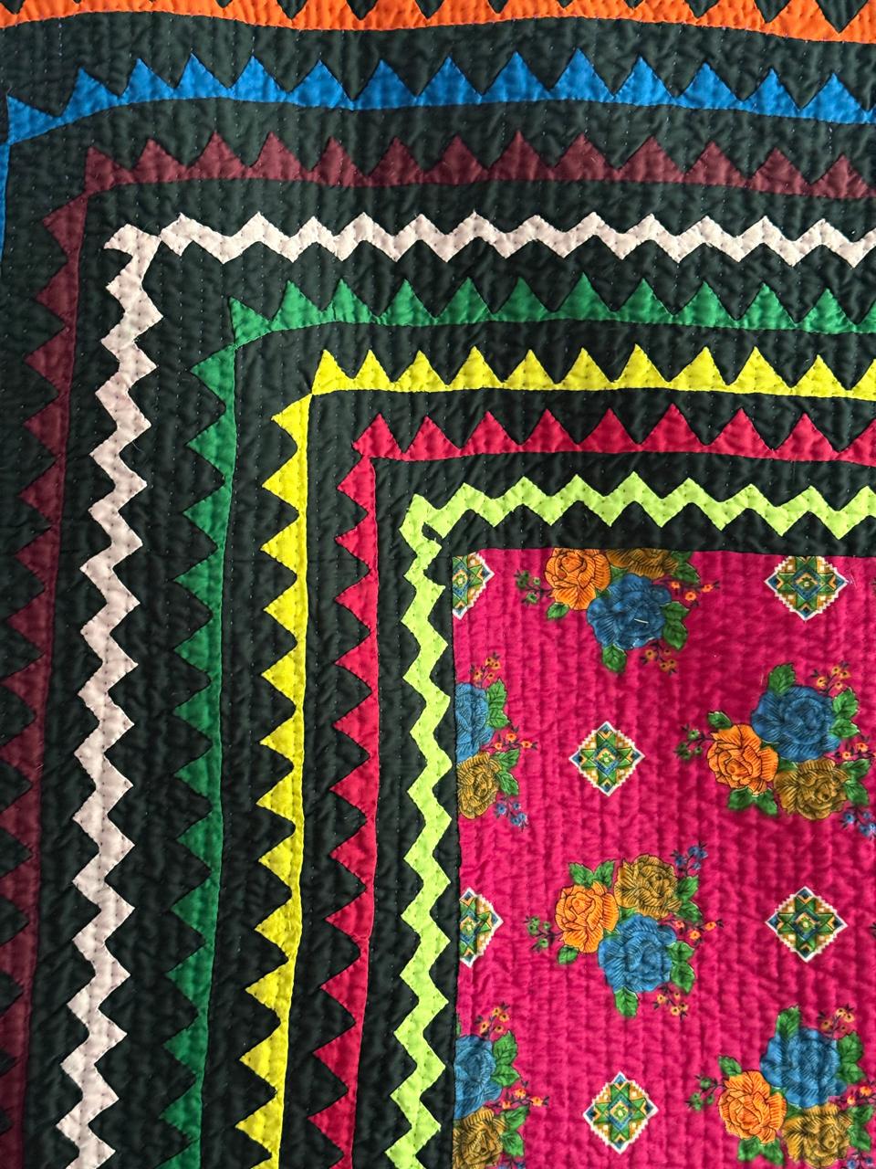 Hot Pink Floral & Colorful Sawtooth Patchwork Throw - Handmade Cotton Rilli Quilt