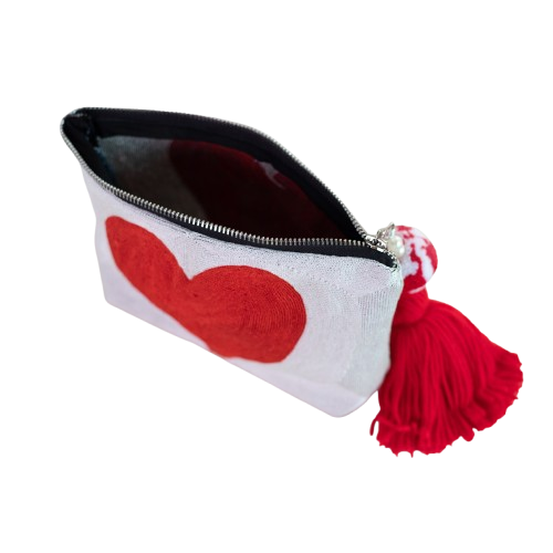 White & Red Heart Zip Bag